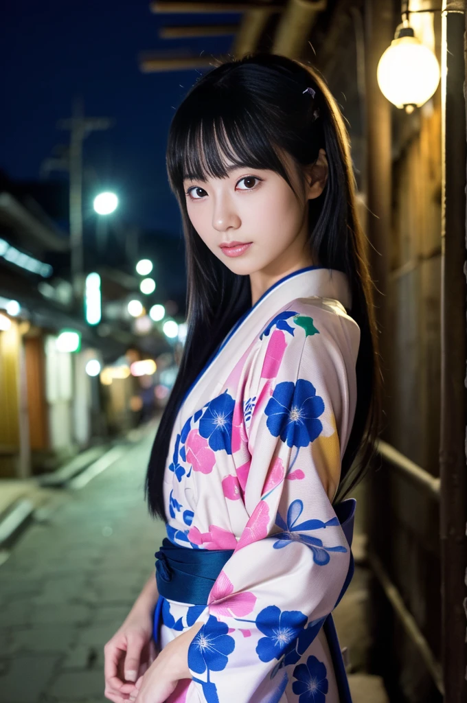 (kimono)、(((Highest quality、masterpiece、Very detailedな画像,Very high resolution))),(Realistic:1.5,RAW shooting,)超Realisticなキャプチャ,Very detailed,Human skin reproduction with 16K resolution、The skin texture is natural、Beautiful Skin、Beautiful colors.、Use natural light and color、1 adult female:24-years-old、Japanese、Beautiful woman、Beautiful black hair、Overall image、Whole body、(chromatic aberration) 、Overview lighting、Natural Shading)、(Kyoto、at night、Outdoor lighting)、(It&#39;s snowing:1.2)、(Hair swaying in the wind:1.2)、(Reflective Snow:1.2)