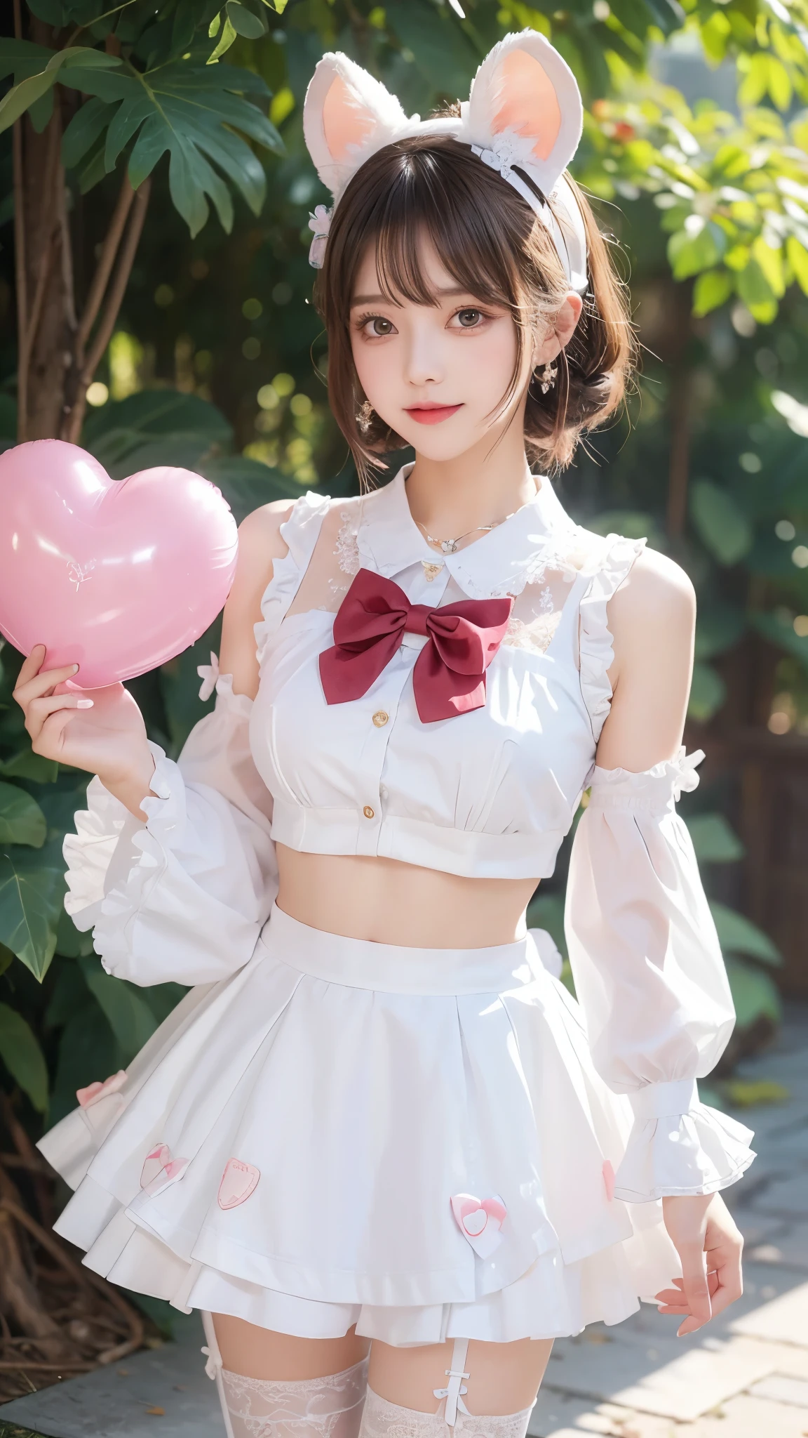 embedding:zPDXL2, film grain,Cinematic Lighting, Expressiveh,th3rm4l,colorful,MythAn1m3,mythp0rt, vikala \(granblue fantasy\), 1girl, solo, looking at viewer, blush, smile, short hair, open mouth, bangs, skirt, shirt, hair ornament, red eyes, long sleeves, bow, navel, holding, animal ears, jewelry, underwear, standing, panties, white shirt, white hair, :d, hair bow, heart, pleated skirt, hairband, outdoors, frills, sky, hairclip, midriff, miniskirt, wide sleeves, white panties, crop top, sleeves past wrists, thigh strap, fake animal ears, pantyshot, cover, white skirt, brooch, cover page, doujin cover, mouse ears, balloon, heart brooch, holding balloon,
