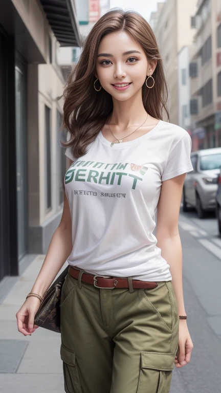 8k, Tabletop, RAW Photos, Highest quality, Realistic, Highly detailed CG Unity 8k wallpaper, Written boundary depth, Cinematic Light, Lens flare, Ray Tracing, (Very beautiful face, Beautiful Lips, Beautiful Eyes), Exquisitely detailed face, (Highly detailed skin) 1 person, Cute Korean, (K-POPアイドル), 1 person, (Very slim slender fit-muscled body:1.3), (View your viewers)), (Smiling with white teeth:1.3),(Full body photo showing feet), ((No passers-by in the background)), Earrings, clock, necklace, belt, Clear Eyes, walk, (Pale skin), (Big eyes), (Brown hair body shot), (Khaki green wide cargo pants),((White Print T-Shirt:1.3)), (View your viewers:1.3) (,), Very slim, Large Breasts,Full body photo showing up to the toes,