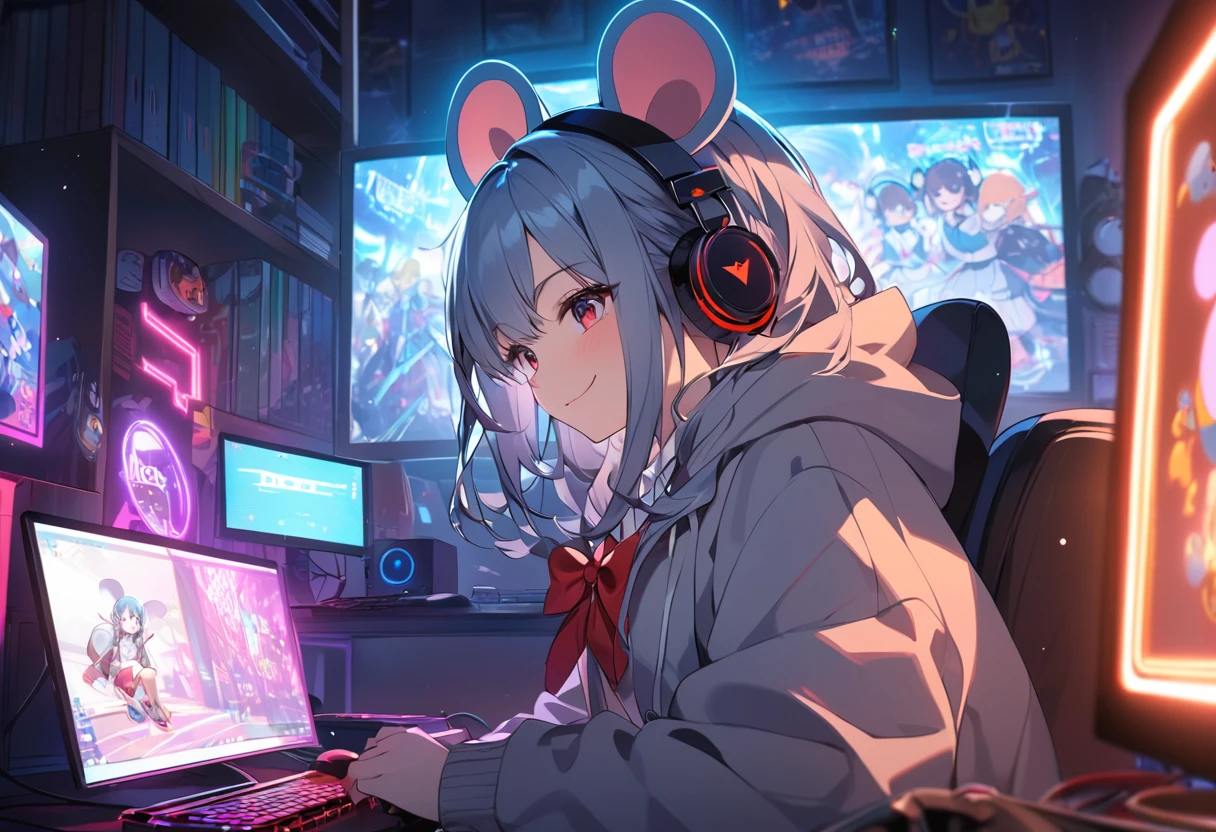 Blue Hair Girl、Hoodie with hood、{gray hoodie, hood up,Hoodie with big mouse ears}、High School Uniform、{White collared shirt、Red bow tie},smile、Dark Room、Using a gaming PC、Headphones、Desktop type gaming PC with visible internal structure illuminated by neon lights、