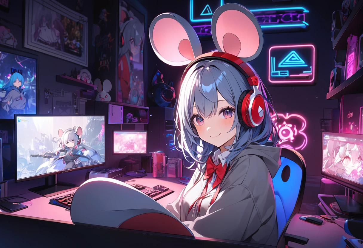 Blue Hair Girl、Hoodie with hood、{gray hoodie, hood up,Hoodie with big mouse ears}、High School Uniform、{White collared shirt、Red bow tie},smile、Dark Room、Using a gaming PC、Headphones、Desktop type gaming PC with visible internal structure illuminated by neon lights、