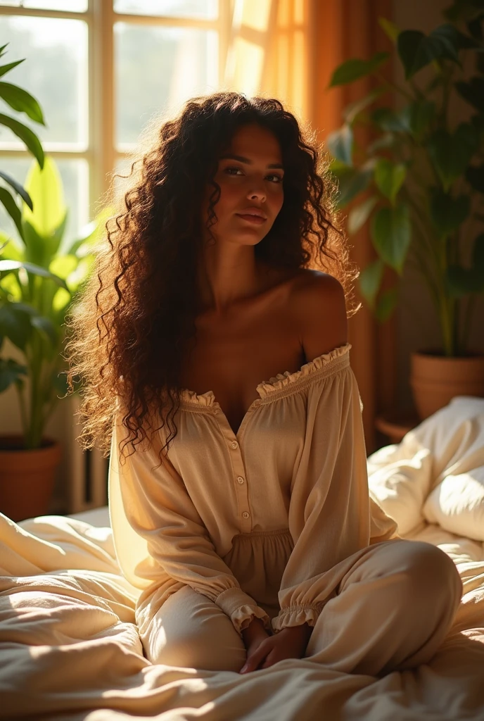 (photorealism:1.2), beautiful woman, sitting on bed, wearing loose off-shoulder top, pajama pants, long curly hair, indoors, soft lighting, plants in background, window with sunlight, cozy room, relaxed pose, realistic, intricate details, warm colors, by Greg Rutkowski, by Alphonse Mucha