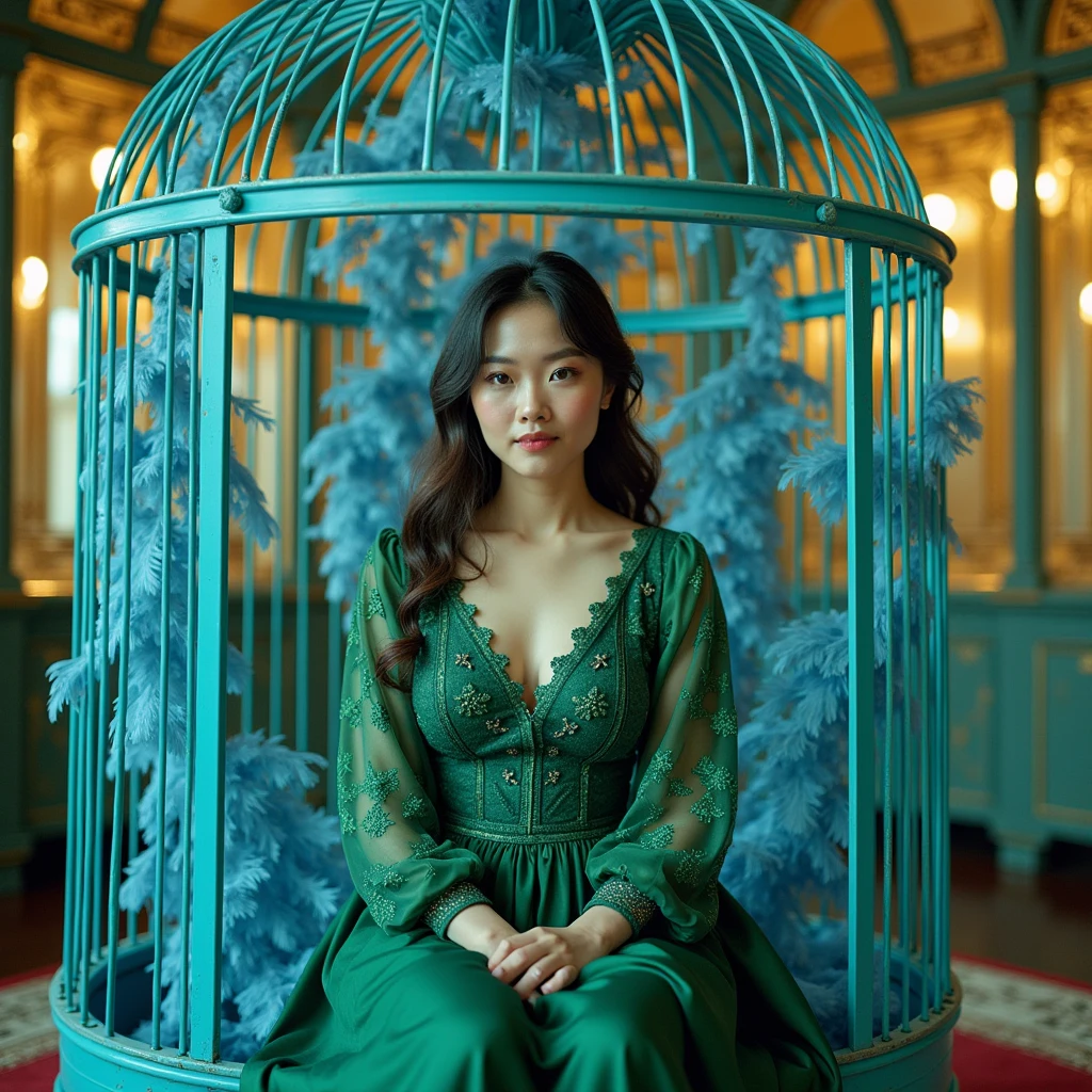 An Asian woman with a slightly chubby body, wearing a long-sleeved green dress with a detailed and unique pattern, sat in a large bird cage made of shiny blue metal, covered in soft blue feathers. The glass room background is full of gold architecture. Key lighting, highly detailed, Dynamic poses, sot on Fujifilm GFX 50S