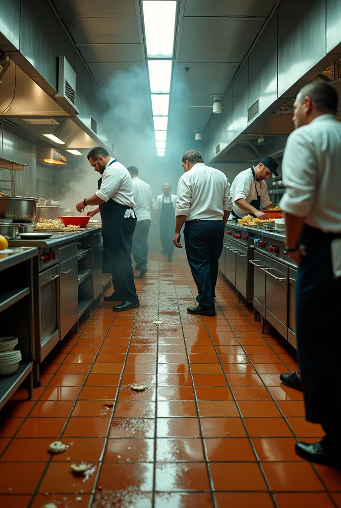 A picture of a kitchen safety violation in an industrial kitchen can be more dangerous if it shows places where oil has been spilled, and more complicated with more people in the picture.