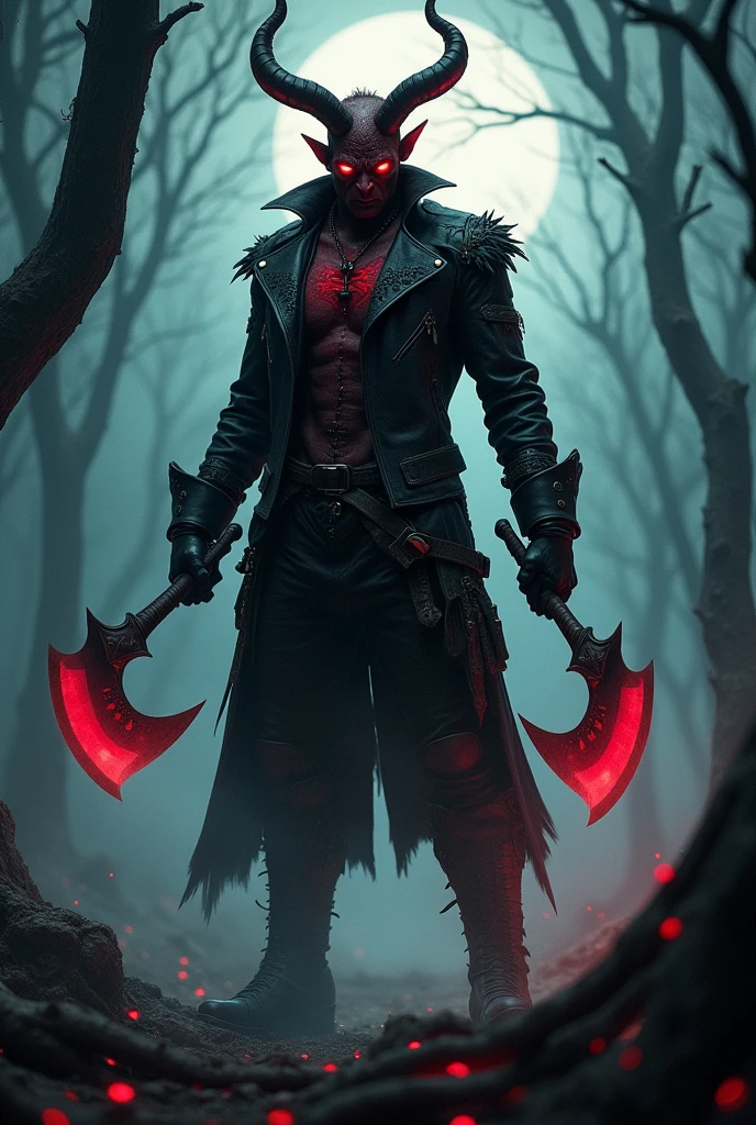 demon human, in hunter clothing with red and black tones, holding two sickles in each hand