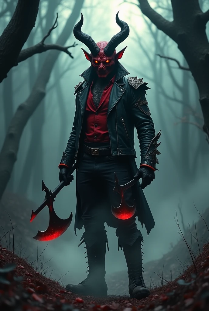 demon human, in hunter clothing with red and black tones, holding two sickles in each hand