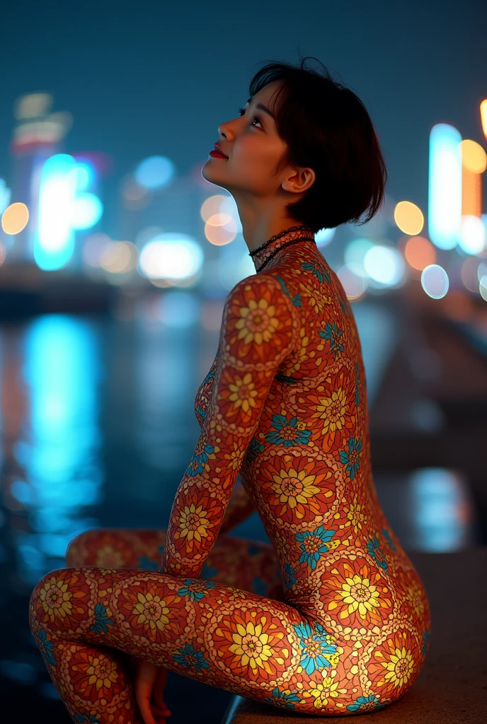 (masterpiece, Highest quality), 8k,(((Very detailed))), Race:1.8, Super intricate Race pattern, colorful Race pattern, Purple and blue stained glass transparent body, Mandala,light up, 1 female, Open Back, 18 years old、Japanese, beautiful girl, Intelligent face, Photo of Lee Jae, sultry body with セクシー belly, Sexy girl, Young sensual elegance, Sexy body, delicious, Sexy look, Very Short Hair、Night viewのきれいな港で撮影、Night view、 Intelligent face、Narrow waist、Large Breasts、Open your mouth a little、Smile a little、EOS 50mm F2, Blur the background、Lighting the face、Sitting、Beautiful breasts、See-through underwear、Dynamic pose、Curvy Body、Beautiful ass、Looking at the sky、Thigh、