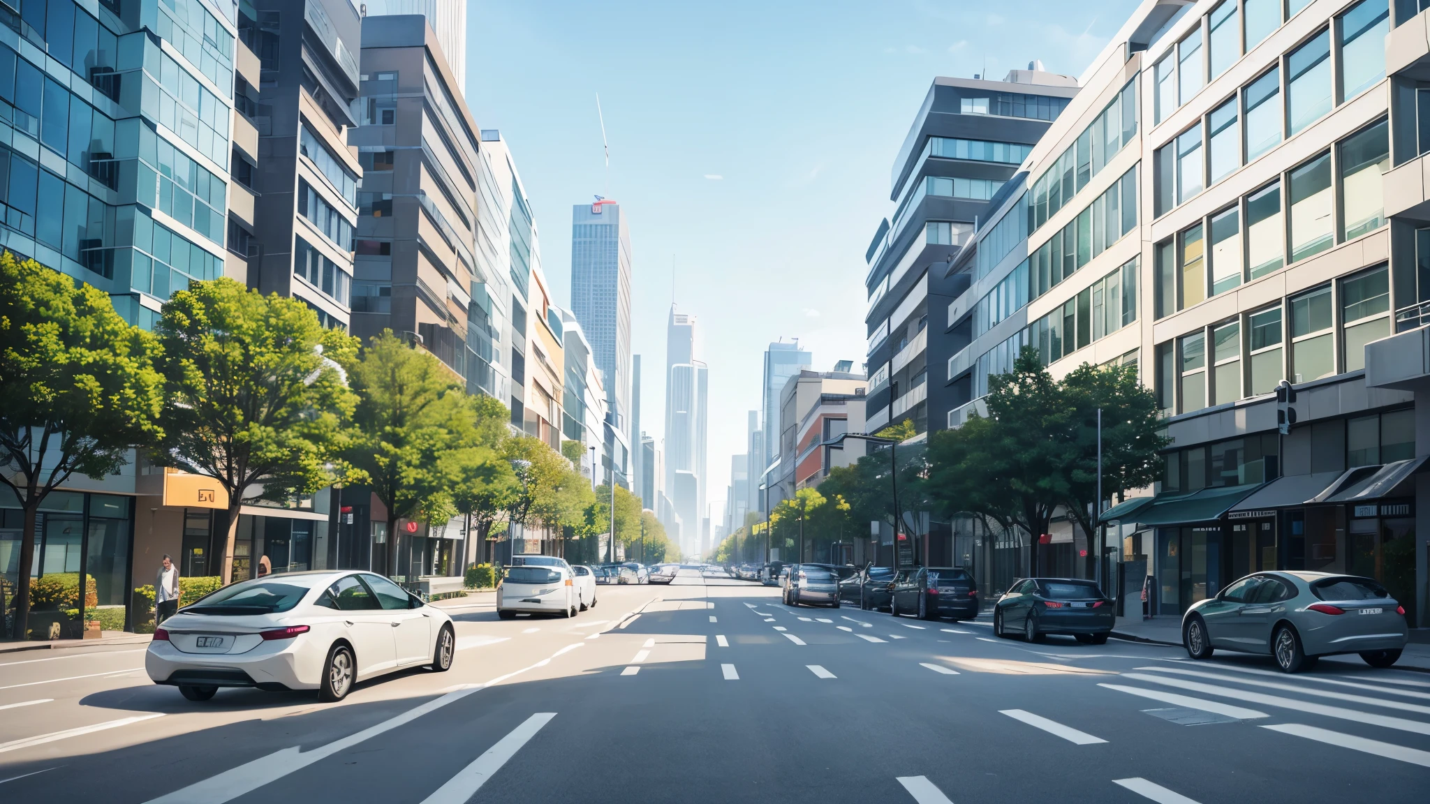 Design a city background with a calming and minimalistic style similar to Frieren, but with a more modern touch, (((cars))), (((peapels))), The scene should depict a contemporary urban street during the day, featuring sleek, modern buildings with clean, simple designs, Include details such as clean sidewalks, small trees, and parking areas, The primary colors should be light blue, gray, and green, with soft details like modern street signs and contemporary streetlights, The design should be soothing and straightforward, emphasizing modernity while balancing natural elements with urban infrastructure
