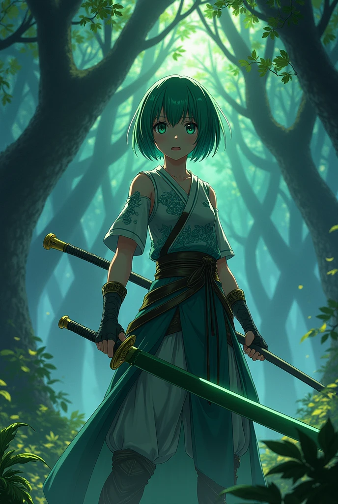 Anime ufotable studios demon slayer character with green eyes and short green hair with a green katana and a stoic expression