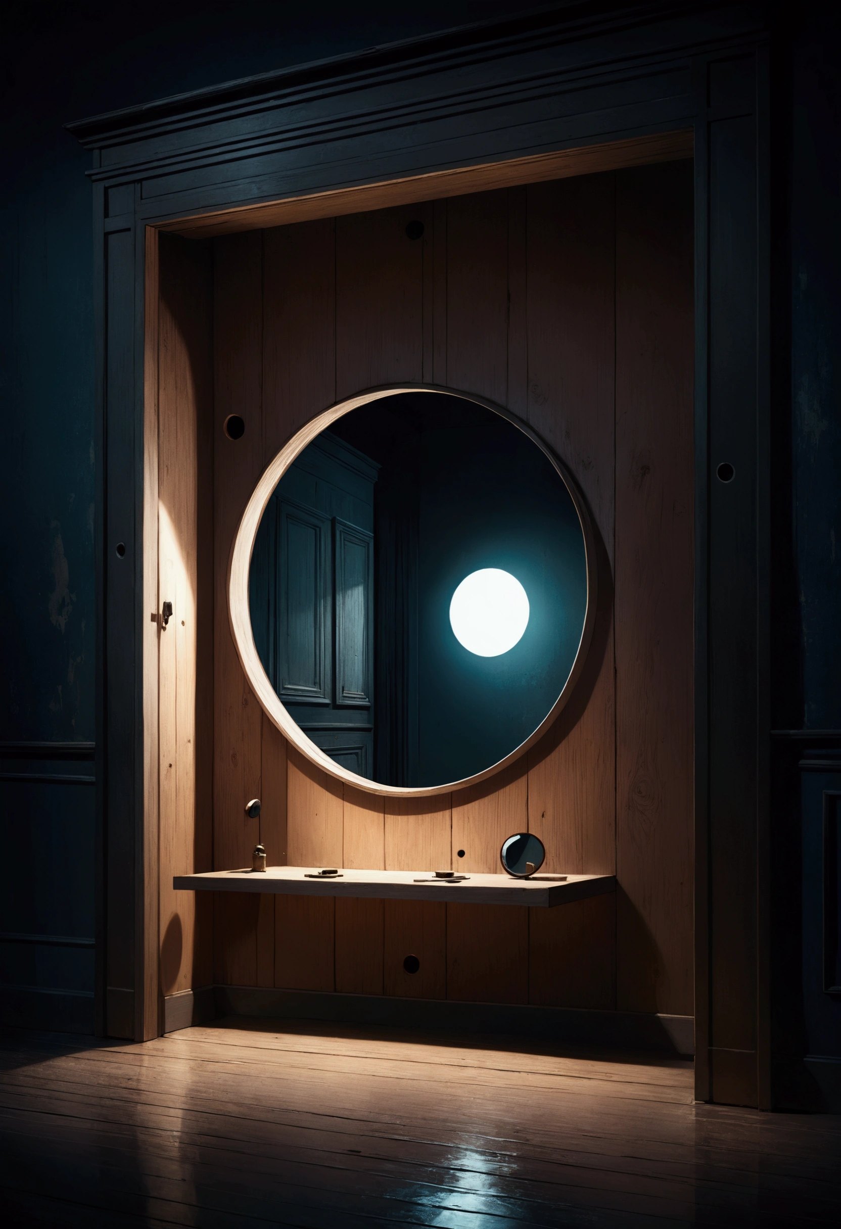 A small private room interior made of plywood. There is one very small round hole in the wall at waist height. There is a small square mirror at face level, dark, old room, no light in the night.