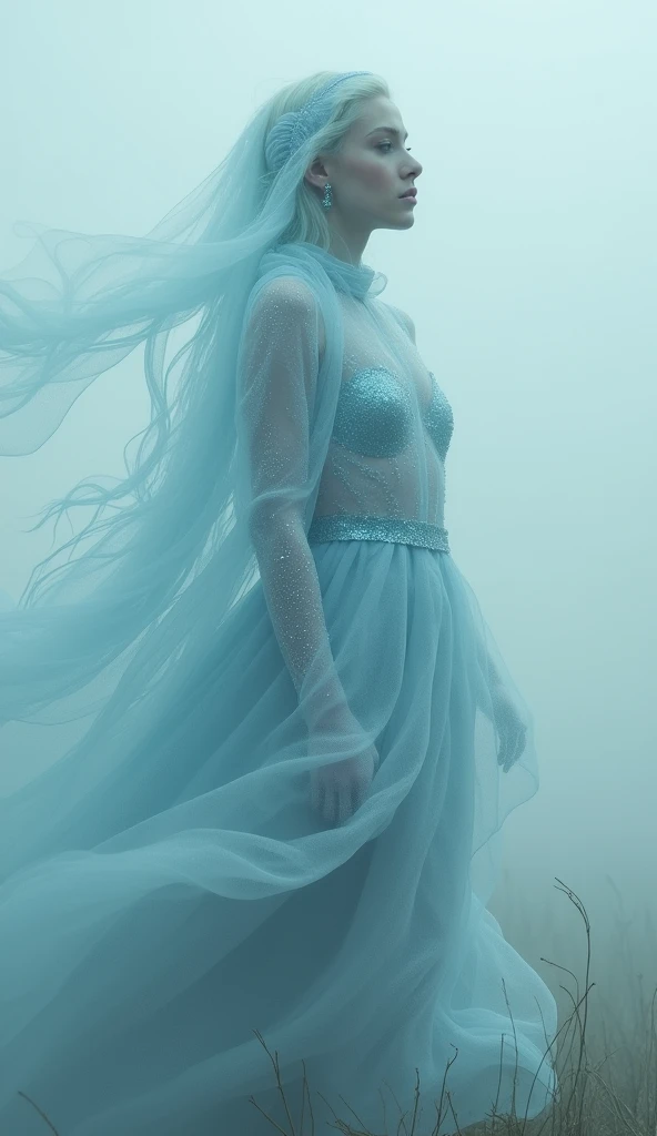 Mysterious fog, Clothing Made of Mist, Holographic Internal Reflections, Diffusion of Fine Shine, A captivating blend of feminine aesthetics, Wear Magical Fog as a Costume, Mysterious fogの質感の服, Absurd aesthetics, 前面をMysterious fogで覆う, Semi-Transparent Full Color Silhouette, Layer a Thick Layer of Fog in Front of the Subject, Subject Cloaked in Fog, The Ultimate Enigma、Watercolor