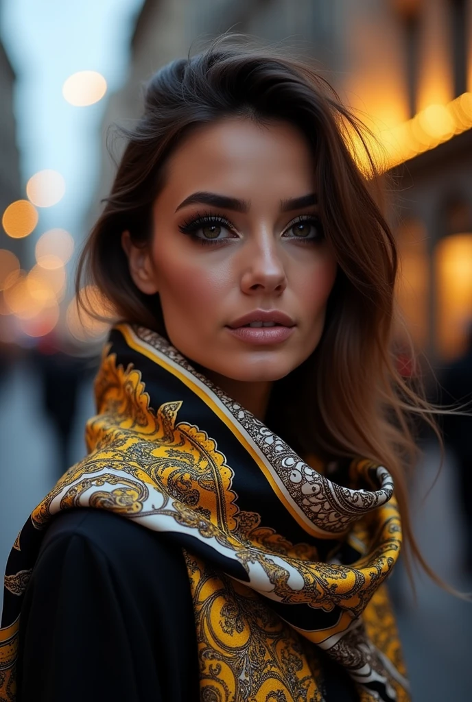 (photorealism:1.2), beautiful 40-years-old woman with smokey eyes, strong make-Up, wearing a very shiny black white yellow versace pattern silk scarf.