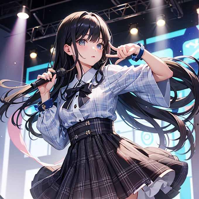 Masterpiece、Black Hair、Long Hair、Idol衣装、Blue plaid、whole body、Idol、cute
