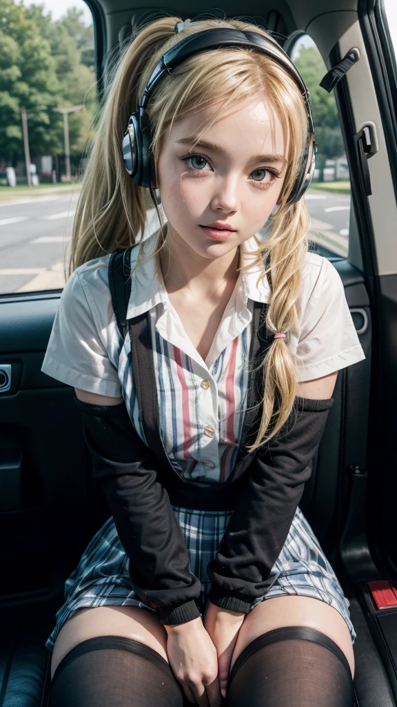 Cute girl Livlas sits in the back seat of the car and looks out the window 1 girl, clap, blonde hair,tape, Ponytail, parted lips, headphones, anime style, black mitts, legs in the lotus position ,striped gaiters