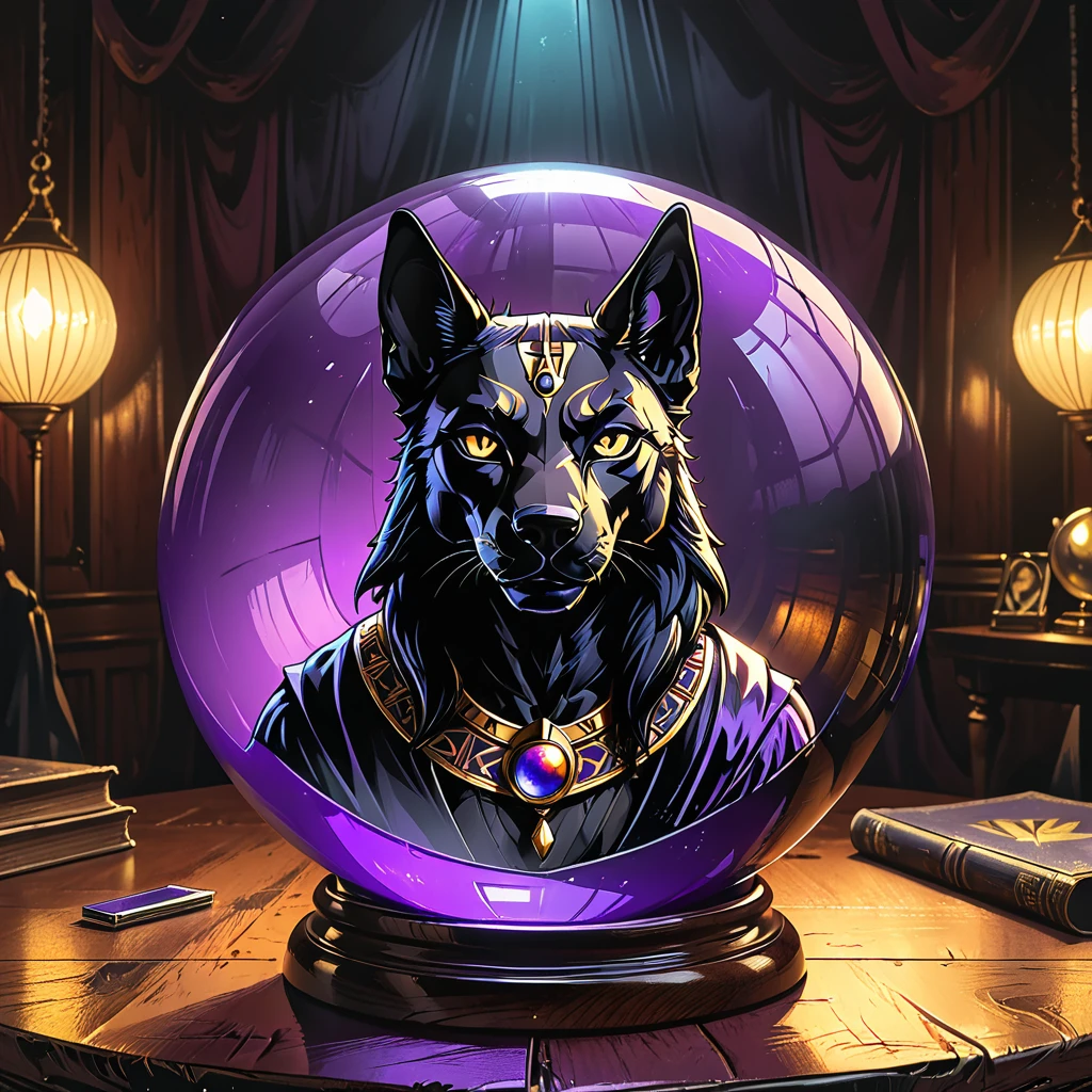 close-up, macro, (violet glass ball) on the wood table with an image
Portrait of an anubis inside a ball, inside, dark, dark atmosphere, glow glass ball, not transparent,
stole on the background, fabric on the background, inside the circus dome, graphic style of novel comics, 2d, 8k, hyperrealism, masterpiece, high resolution, best quality, ultra-detailed, super realistic, Hyperrealistic art, high-quality, ultra high res, highest detailed, lot of details, Extremely high-resolution details, incredibly lifelike, colourful, soft cinematic light,