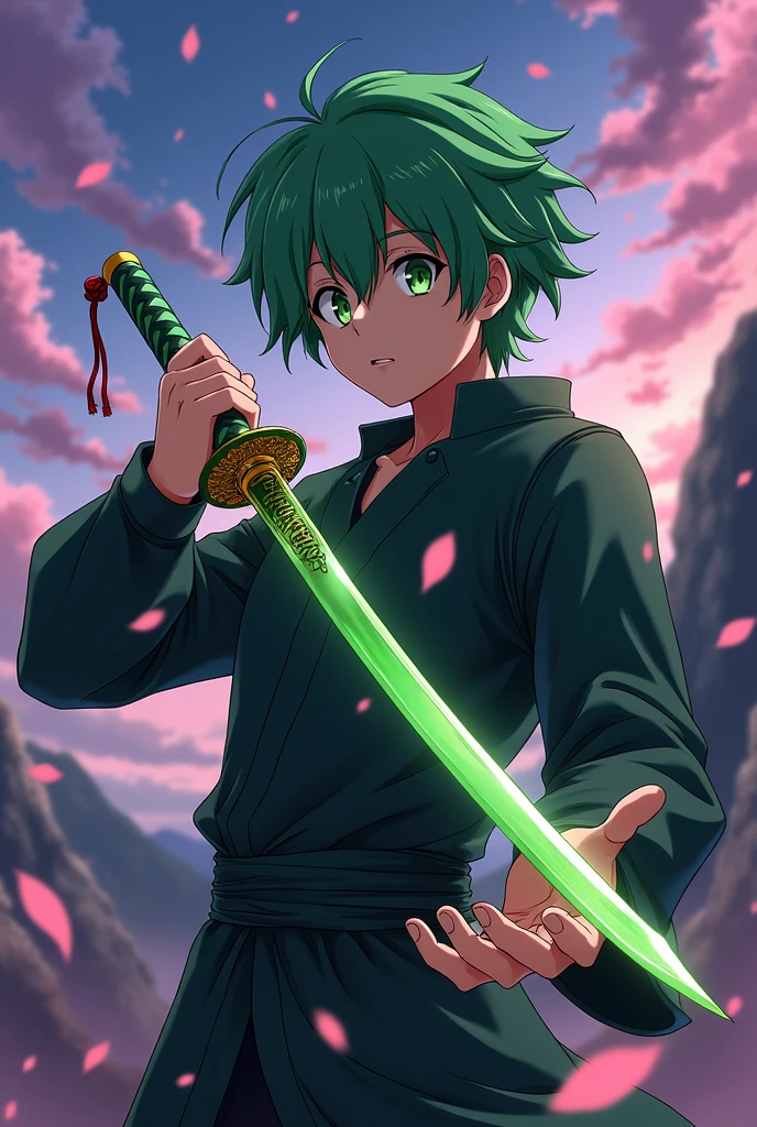 Anime ufotable studios demon slayer character with green eyes and short green hair with a green katana and a stoic expression that id a male