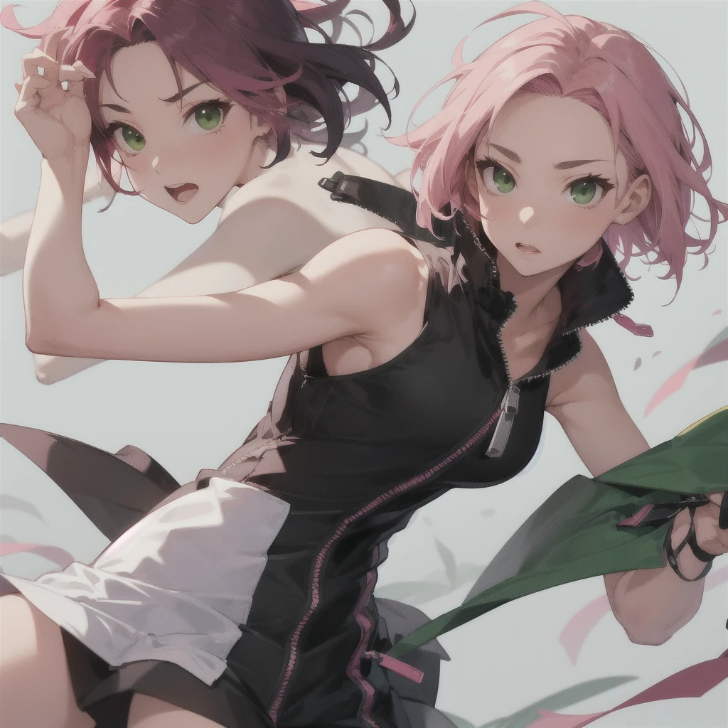 sakura haruno, medium hair, green eyes, pink hair, parted bangs,dress, bare shoulders, collarbone, sleeveless, sleeveless dress, zipper, zipper pull tab, forehead protector,