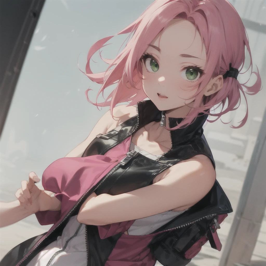 sakura haruno, medium hair, green eyes, pink hair, parted bangs,dress, bare shoulders, collarbone, sleeveless, sleeveless dress, zipper, zipper pull tab, forehead protector,