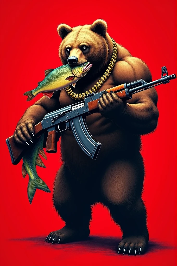 Create for me a red shirt with a design on the front of a bear holding an AK-47 in one hand and a fish in its mouth. The bear also has a gold chain.