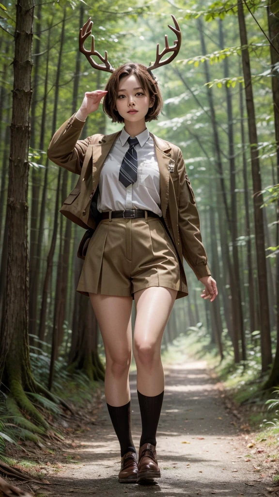 Walking in the forest、Short brown hair、uniform、Woman with deer antlers、Dynamic pose、solo