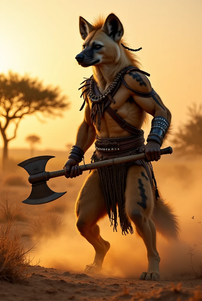 Furry warrior hyena, with an ax in hands
