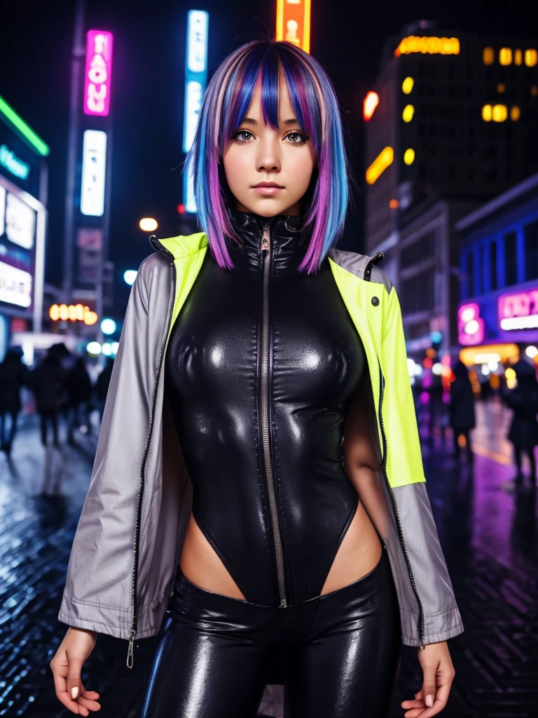 portrait, 1 girl, beautiful face, asymmetrical hair, multi-colored hair, belt, bodysuit, covered mouth, covered navel, detached sleeves, grey eyes, hip vent, open jacket, cute, look at viewer, night city, neon, rainy, half naked