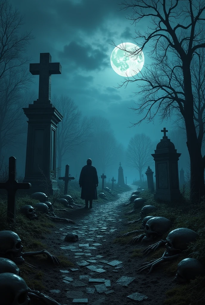(Night Landscape), Horror, pursued, corpses, Skull, image, depicting hell, Necronomicon, Image Style Painting, realistic, shadows, HD, high quality, cinematic  