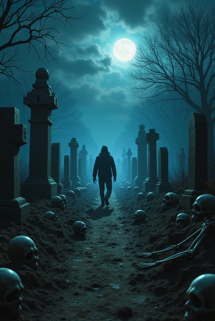 (Night Landscape), Horror, pursued, corpses, Skull, image, depicting hell, Necronomicon, Image Style Painting, realistic, shadows, HD, high quality, cinematic