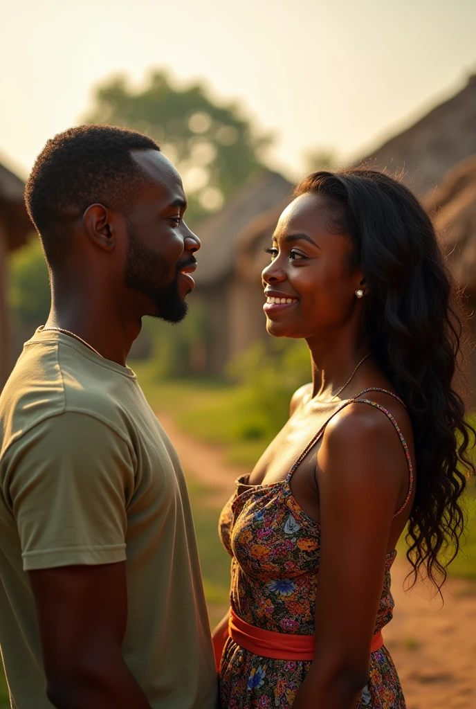 picture of a 30 years old man talking and staring into the eyes of a beautiful 25years old igbo lady 
picture of a man  talking to a lady facing each other  in a local village