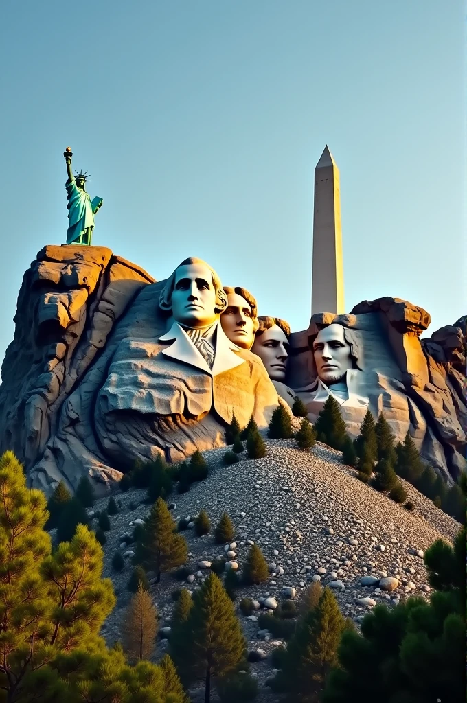 Moun rushmore, statue of liberty and Washington DC monument in one frame