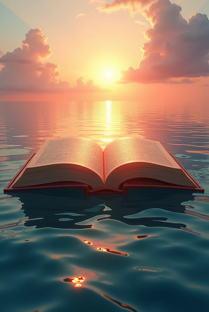 Giant opin book floating on ocean sunrise