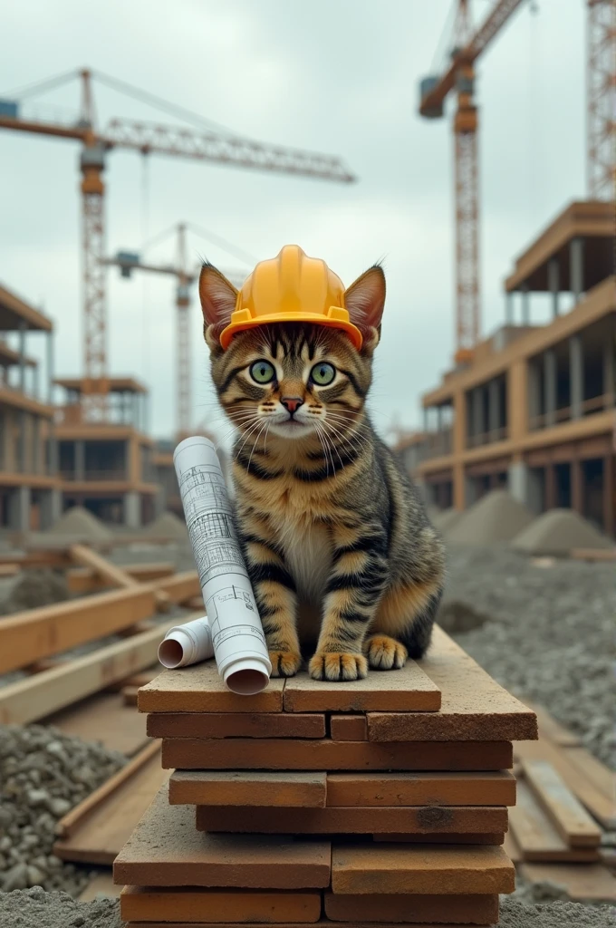 Create a sad cat working on a construction site