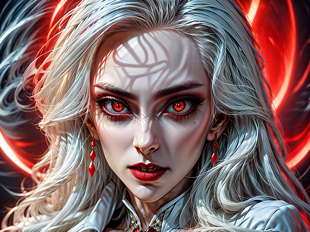 a portrait of vampire with a bloody tear coming down from he eye, an exotic beautiful female vampire, red hair color, dynamic hair style, ultra detailed face, best detailed face, silver eye color, ((1single red teardrop: 1.3)), ((tear drop made from blood)), ((teardrop coming down from the eye: 1.3)), small cleavage, wearing two black diamond earrings, Ultra-high resolution, High Contrast, (masterpiece:1.5), highest quality, Best aesthetics), 16K fantasy art, best details, best quality, highres, (ultra wide angle: 1.2), 16k, [ultra detailed], masterpiece, best quality, (extremely detailed),  Daily-Challenge, FANTASIA
