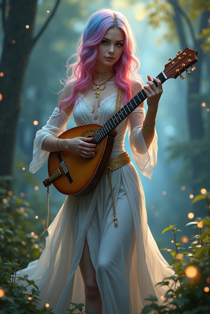 A very beautiful girl, Young and sexy, Your hair is half pink and half blue.. Your skin is white and delicate, with golden magical symbols tattooed on it, and your body is covered in a shimmering golden powder., your eyes are silver, She is noble e possui vestes chiques e elegantes porém é uma aventureira filha de uma fada, She is noble, She is also a bard and loves music, She's always with her delicate lute, besides carrying her beautiful sword, Because she is a bard, she is always with her lute in hand and her beautiful sword sheathed, She also wears high heels, She carries the mandolin in her hands and her sword at her waist..