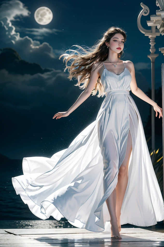 Beautiful woman in white dress standing in sea water，flowing skirt, barefoot, glowing face, eyes shining, pale skin, goddess, get the key, Diamond necklace, Pearl in water, night, Starry Sky, Sky and Milky Way, full moon in background, Como uma goddess, Walk on water, enlightened woman, blue water, wearing a White flowing dress, White flowing dress, She floats in the air, flowing white robe, stand on tiptoes, elegant dress, lindo White long skirt longo, Wearing a flowing dress, floating in the air, White long skirt, Stylish floating pose, hair blowing in the wind, girl dancing in white dress, mystery, magic, realist, shocking, dark, Dramatic, , mystery, goddess