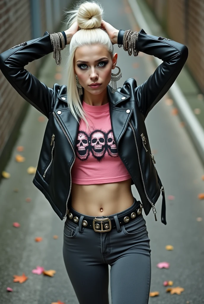 russian woman, platinum blonde hair in top bun ,with very light blue eyes, very pale, heavy eye shadows. Big eyes. Sad face, smeared make up. Wearing black moto jacket, cropped t-shirt with metal band logo and skulls, dark grey skinny jeans and white tennis sneakers. Lots of metallic bracelets and collars. Tacky leather belt with oversized buckle. Wide loop earrings. Scared face.
