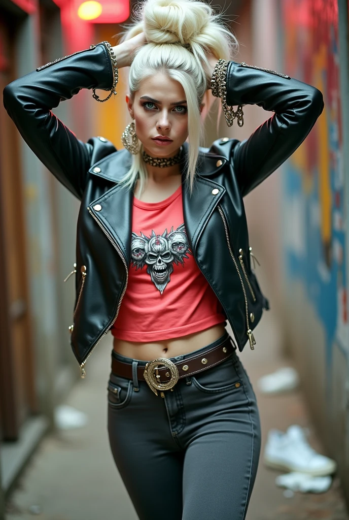 russian woman, platinum blonde hair in top bun ,with very light blue eyes, very pale, heavy eye shadows. Big eyes. Sad face, smeared make up. Wearing black moto jacket, cropped t-shirt with metal band logo and skulls, dark grey skinny jeans and white tennis sneakers. Lots of metallic bracelets and collars. Tacky leather belt with oversized buckle. Wide loop earrings. Scared face.