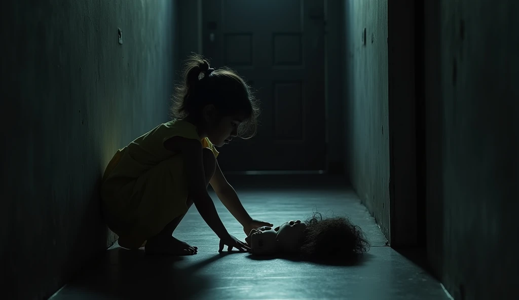 Character: Sunaina, bending down to pick up Kittu’s doll from the floor, her face filled with a mix of confusion and fear.
Background: The hallway is dimly lit, with the door to the children’s room slightly open in the background. The doll lies near the threshold, casting a long, ominous shadow. The walls of the hallway are dark, with an eerie silence hanging in the air. The door to the flat is slightly ajar, adding to the tension.