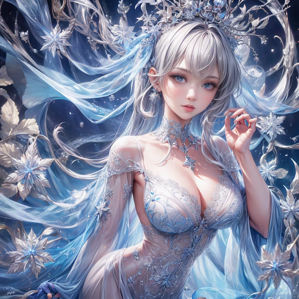 (Upper body photo:1.5)、dutch angle. wood, Exquisite mini ice spikes and crystals, A frozen waterfall in the background, Light reflected by ice crystals, Flowing snowflakes.1 girl、pretty girl,A realistic person,Beautiful cleavage,((medium breasts)),Thin legs、Tight waist、standing, Long dress,Halter neck