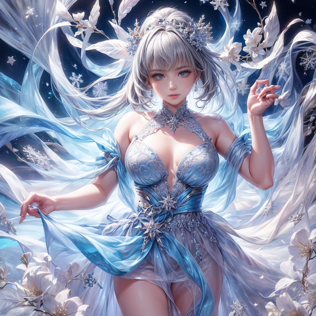(best quality,4K,8k,highres,masterpiece:1.2),ultra-detailed,(realistic,photorealistic,photo-realistic:1.37),upper body portrait of Thumbelina, little princess in a blue taffeta court dress, silver-gray hair, almond-shaped gray eyes with intricate eye makeup and long lashes, soft and harmonious expression, detailed facial features, intricate lip details, snowflake background, solitude, exquisite, CG、Swimwear、Small breasts、