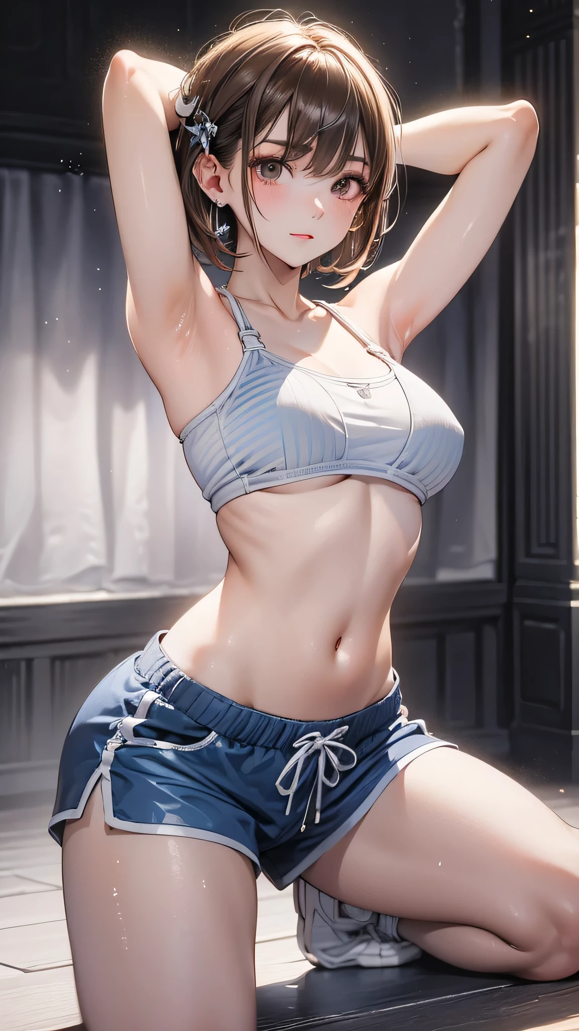 (masterpiece: 1.3), (8k, Realistic, RAW Photos, Highest quality: 1.4), Japanese schoolgirl, (Random Hairstyles: 1.2), (Micro Bikini: 1.2), (Ultra Detail Face, Attention to detail, double eyelid, Sharp focus: 1.2), (Cute Woman: 1.4), Light brown hair, Highest quality, masterpiece, Ultra-high resolution, (Realistic:1.4), Highly detailed and professionally lit smile, Playground Background, Athlete stretching, tight white crop top, Light blue racing shorts, Shiny sweat, Serious expression, short hair, Strong thighs, tight thin waist