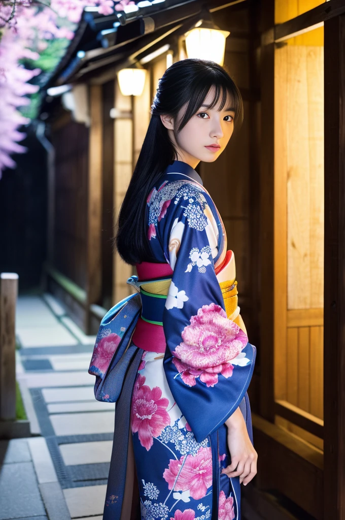 (kimono)、(((Highest quality、masterpiece、Very detailedな画像,Very high resolution))),(Realistic:1.5,RAW shooting,)超Realisticなキャプチャ,Very detailed,Human skin reproduction with 16K resolution、The skin texture is natural、Beautiful Skin、Beautiful colors.、Use natural light and color、1 adult female:24-years-old、Japanese、Beautiful woman、Beautiful black hair、Overall image、Whole body、(chromatic aberration) 、Overview lighting、Natural Shading)、(Kyoto、at night、Outdoor lighting)、(It&#39;s snowing:1.2)、(Hair swaying in the wind:1.2)、(Reflective Snow:1.2)