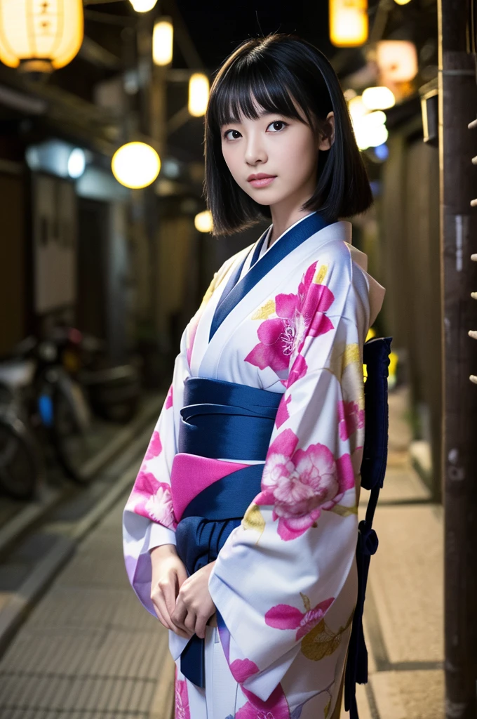 (kimono)、(((Highest quality、masterpiece、Very detailedな画像,Very high resolution))),(Realistic:1.5,RAW shooting,)超Realisticなキャプチャ,Very detailed,Human skin reproduction with 16K resolution、The skin texture is natural、Beautiful Skin、Beautiful colors.、Use natural light and color、1 adult female:24-years-old、Japanese、Beautiful woman、Beautiful black hair、Overall image、Whole body、(chromatic aberration) 、Overview lighting、Natural Shading)、(Kyoto、at night、Outdoor lighting)、(It&#39;s snowing:1.2)、(Hair swaying in the wind:1.2)、(Reflective Snow:1.2)