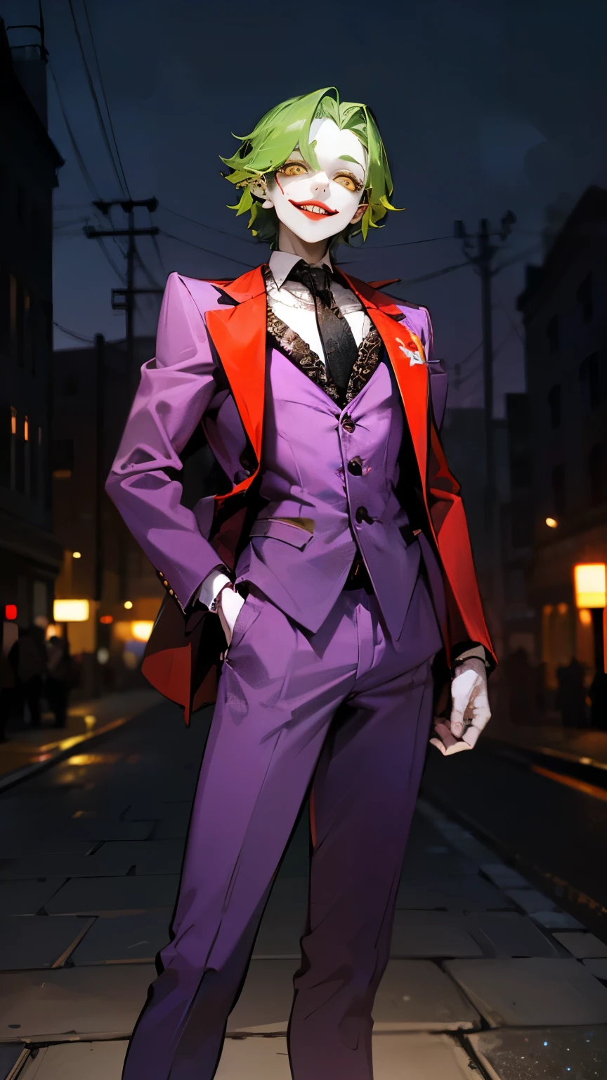 1male , Green Hair , Pale Skin , Yellow Eyes , Red Lipstick , The Joker , Purple Suit , Arms Outreached , Manic Smile Expression , Standing on sidewalk , Gothic City background , Night Time 