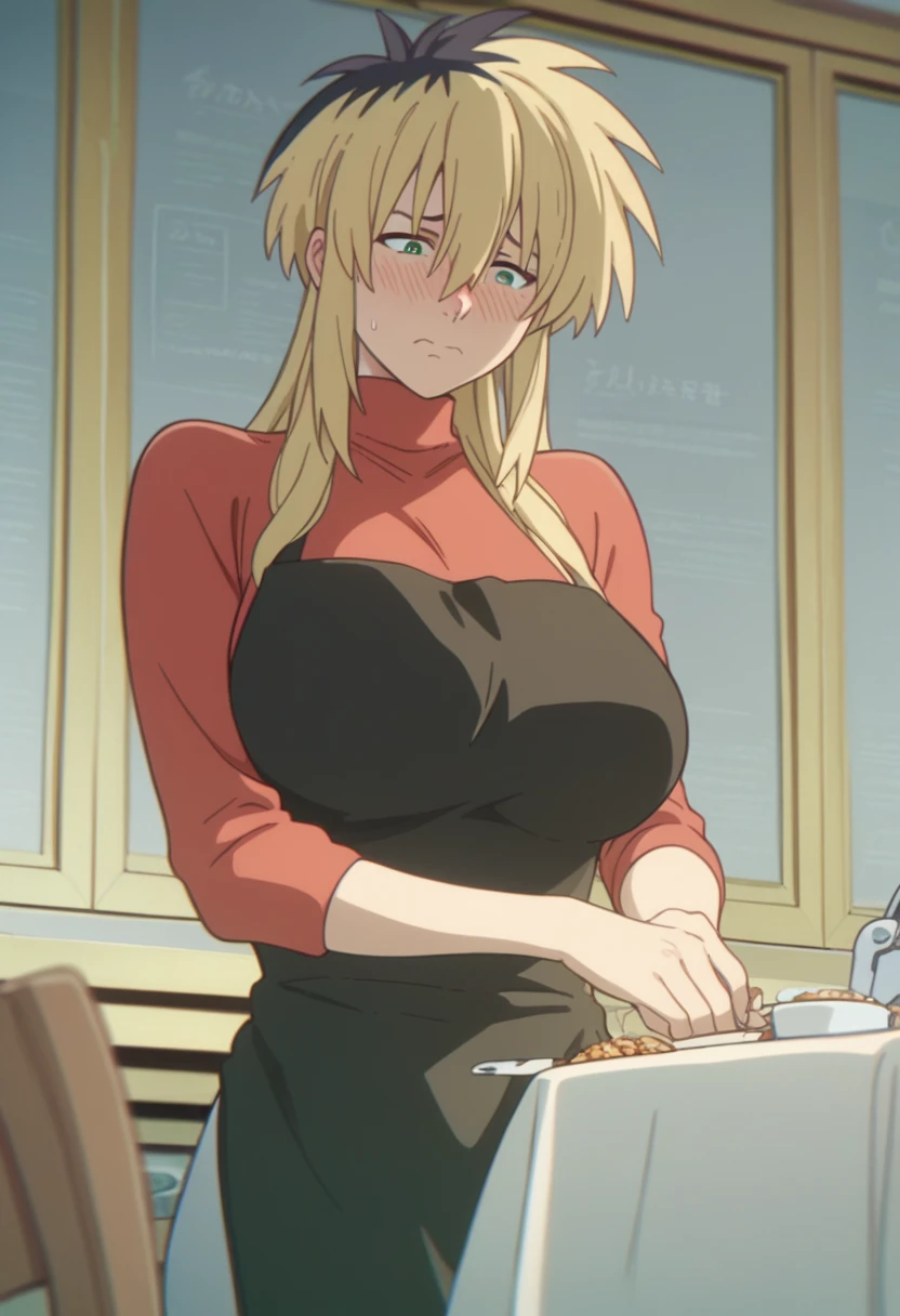 Huge breasts、Long chest、blush、Sweat、In the heat、Miyako Ishida, long hair, bangs, blonde hair, black hair, hair between eyes, green eyes, multicolored hair, two-tone hair,
apron, sweater, turtleneck, red sweater, black apron, pants, denim,A troubled, embarrassed face、Eyes half closed、Are standing、
{Highest quality}, {so beautiful}, {Very detailed}, {Best illustrations},