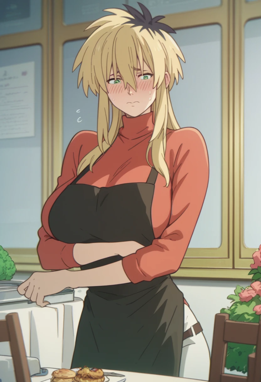 Huge breasts、Long chest、blush、Sweat、In the heat、Miyako Ishida, long hair, bangs, blonde hair, black hair, hair between eyes, green eyes, multicolored hair, two-tone hair,
apron, sweater, turtleneck, red sweater, black apron, pants, denim,A troubled, embarrassed face、Eyes half closed、Are standing、
{Highest quality}, {so beautiful}, {Very detailed}, {Best illustrations},