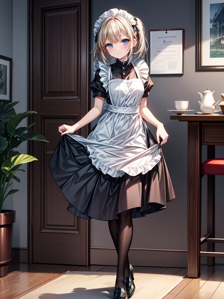 Please draw a scene of a girl wearing a maid uniform,、with black tights and a tanding gracefully with a smile.。She is wearing a white apron and black dress shoes.。