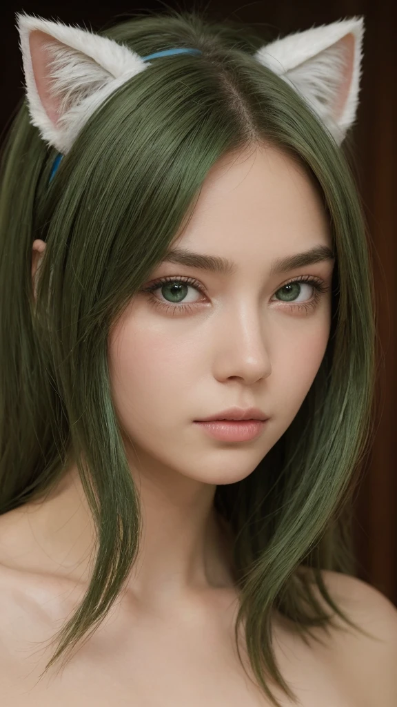 portrait of a girl. european. extremely detailed face. delicate features. oval face. long face. droopy. seductive. half-closed eyes. sad eyes. green eyes. long, straight, very thick hairstyle. green hair. fake cat ears on head. feeling disappointed