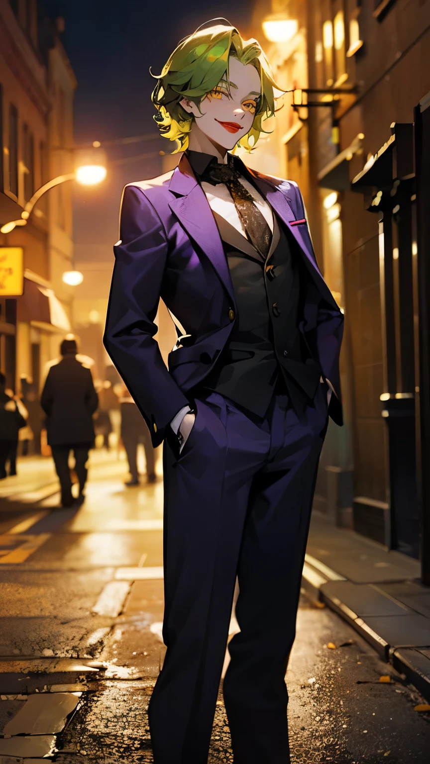 1male , Green Hair , Pale Skin , Yellow Eyes , Red Lipstick , The Joker , Purple Suit , Arms Outreached , Manic Smile Expression , Standing on sidewalk , Gothic City background , Night Time