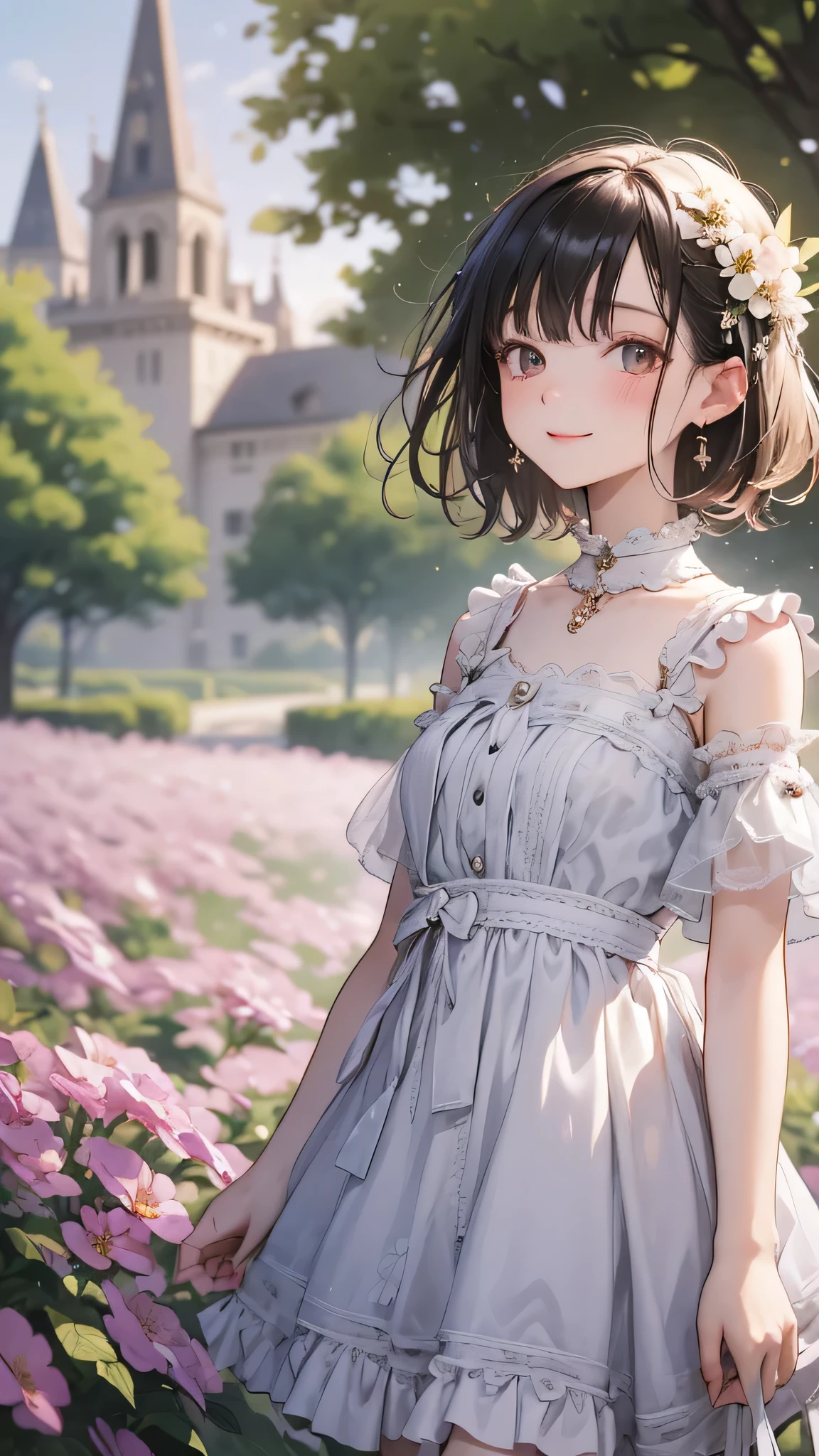 masterpiece, Highest quality, Absurd, Perfect Anatomy, One person, alone, PascalTales, short hair, beautiful, Hilarious, sunny day, botanical garden, Summer winds, Sundress, Floral, Wavy Hair, smile